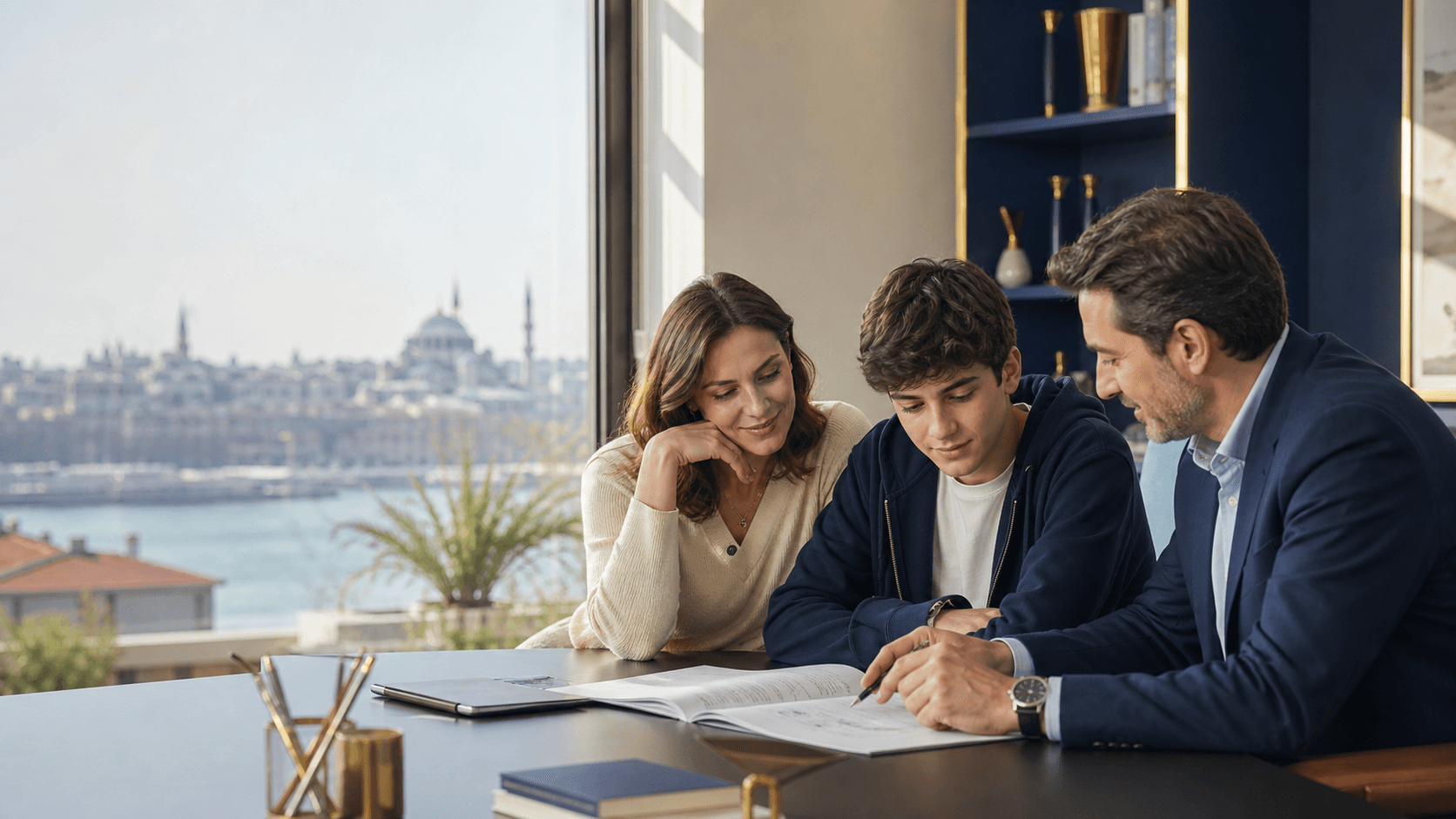 Öğretmen, veli ve öğrencinin ders planı üzerine konuştuğu modern eğitim ortamı
